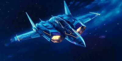 Fighter Jet Flying in a Blue Night Sky with Shining Stars. Generative AI photo