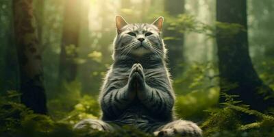 A Cat Meditates in the Forest. Cat with Namaste Pose. Generative AI photo