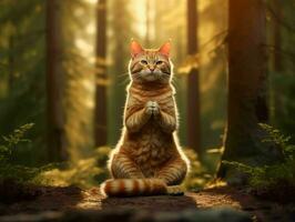 A Cat Meditates in the Forest. Cat with Namaste Pose. Generative AI photo