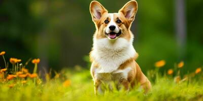 galés corgi perro en césped antecedentes. retrato de linda perro en el parque. generativo ai foto