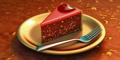 A Delicious Slice of Red Cake on a Golden Plate. Generative AI photo