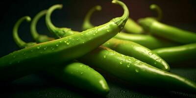 Fresh Green Cayenne Pepper with Water Droplets. Generative AI photo