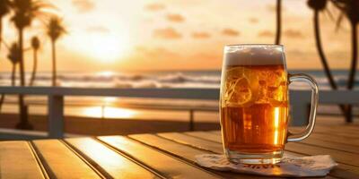 Fresh Beer on a Wooden Table with Beach View. Generative AI photo