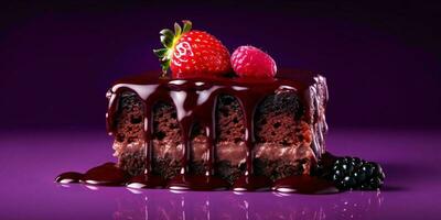 A Piece of Chocolate Cake with Melted Chocolate and Strawberries on Purple Background. Generative AI photo