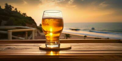 Fresh Beer on a Wooden Table with Beach View. Generative AI photo