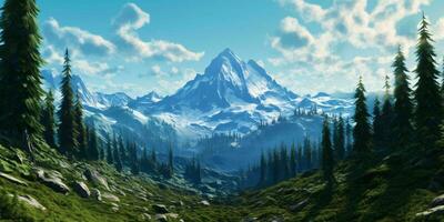ilustración de un enorme montaña paisaje con arboles debajo. generativo ai foto