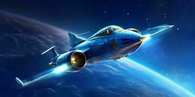 Fighter Jet Flying in a Blue Night Sky with Shining Stars. Generative AI photo