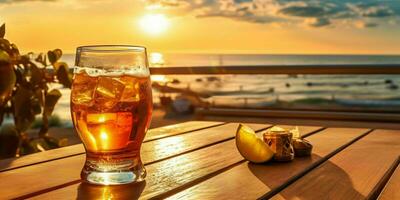 Fresh Beer on a Wooden Table with Beach View. Generative AI photo