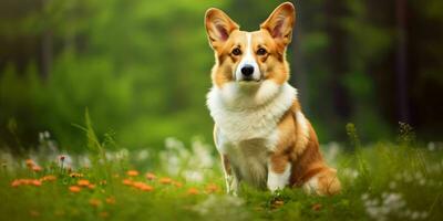 galés corgi perro en césped antecedentes. retrato de linda perro en el parque. generativo ai foto