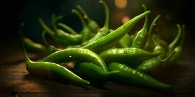 Fresh Green Cayenne Pepper with Water Droplets. Generative AI photo