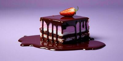 A Piece of Chocolate Cake with Melted Chocolate and Strawberries on Purple Background. Generative AI photo