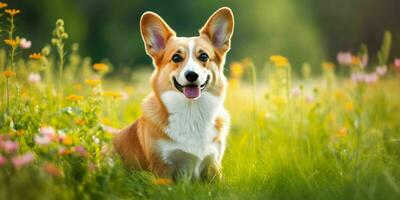 galés corgi perro en césped antecedentes. retrato de linda perro en el parque. generativo ai foto