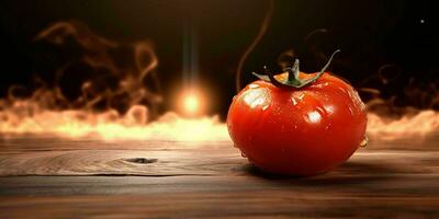 Fresh Red Tomatoes with Water Droplets on Wooden Table. Generative AI photo