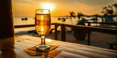 Fresh Beer on a Wooden Table with Beach View. Generative AI photo