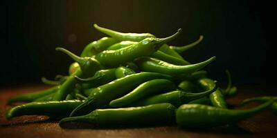 Fresh Green Cayenne Pepper with Water Droplets. Generative AI photo