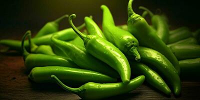 Fresh Green Cayenne Pepper with Water Droplets. Generative AI photo