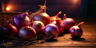 Red Fresh Onions on Wooden Table. Generative AI photo