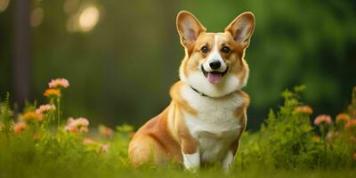 galés corgi perro en césped antecedentes. retrato de linda perro en el parque. generativo ai foto