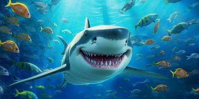 sonriente tiburón ilustración submarino en dibujos animados estilo. pescado retrato. generativo ai foto