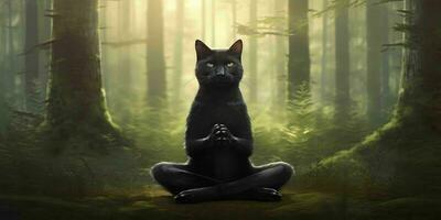 A Cat Meditates in the Forest. Cat with Namaste Pose. Generative AI photo