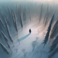 Ai generated content. Embrace the frosty grasp of winter as it transforms a majestic forest into a serene wonderland. This image captures the enchanting beauty of a snowy woodland. photo