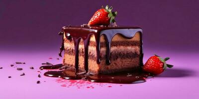 A Piece of Chocolate Cake with Melted Chocolate and Strawberries on Purple Background. Generative AI photo