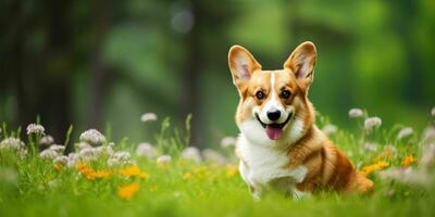 galés corgi perro en césped antecedentes. retrato de linda perro en el parque. generativo ai foto