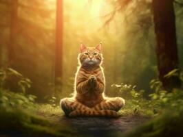 A Cat Meditates in the Forest. Cat with Namaste Pose. Generative AI photo