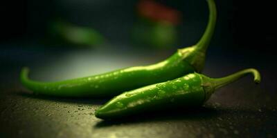 Fresh Green Cayenne Pepper with Water Droplets. Generative AI photo