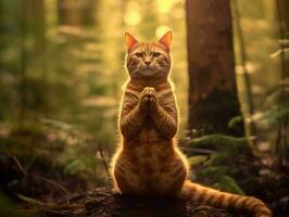 A Cat Meditates in the Forest. Cat with Namaste Pose. Generative AI photo