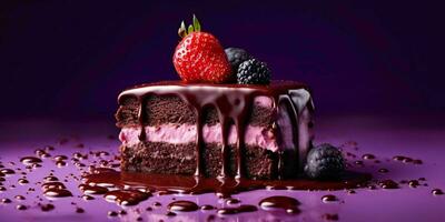 A Piece of Chocolate Cake with Melted Chocolate and Strawberries on Purple Background. Generative AI photo