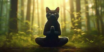 A Cat Meditates in the Forest. Cat with Namaste Pose. Generative AI photo