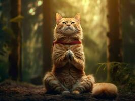 A Cat Meditates in the Forest. Cat with Namaste Pose. Generative AI photo