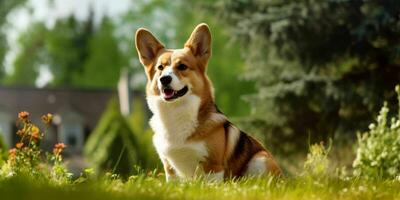 Welsh Corgi Dog on Grass Background. Portrait of Cute Dog in The Park. Generative AI photo