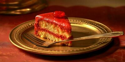 A Delicious Slice of Red Cake on a Golden Plate. Generative AI photo