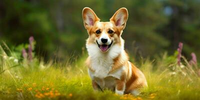Welsh Corgi Dog on Grass Background. Portrait of Cute Dog in The Park. Generative AI photo