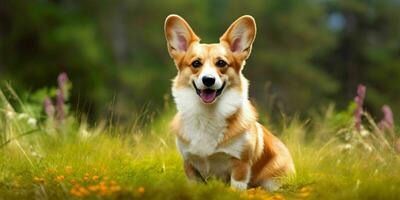 galés corgi perro en césped antecedentes. retrato de linda perro en el parque. generativo ai foto