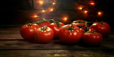 Fresco rojo Tomates con agua gotas en de madera mesa. generativo ai foto