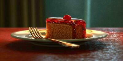 A Delicious Slice of Red Cake on a Golden Plate. Generative AI photo