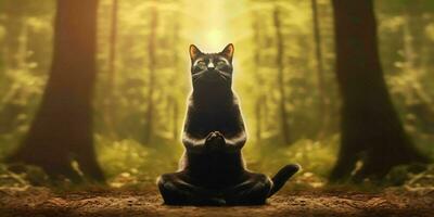 A Cat Meditates in the Forest. Cat with Namaste Pose. Generative AI photo