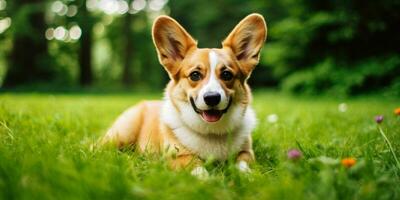 galés corgi perro en césped antecedentes. retrato de linda perro en el parque. generativo ai foto