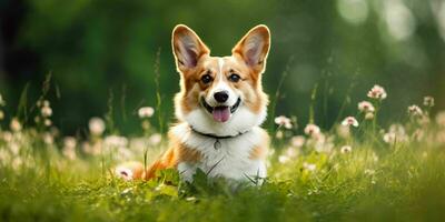 galés corgi perro en césped antecedentes. retrato de linda perro en el parque. generativo ai foto