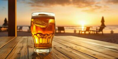 Fresh Beer on a Wooden Table with Beach View. Generative AI photo