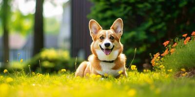 galés corgi perro en césped antecedentes. retrato de linda perro en el parque. generativo ai foto