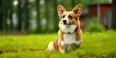 Welsh Corgi Dog on Grass Background. Portrait of Cute Dog in The Park. Generative AI photo