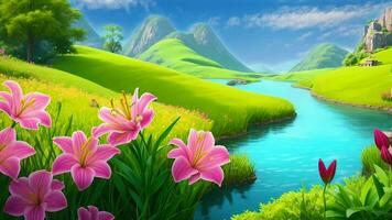 Ai generative, the beautiful landscape with Lily pink flowers and a river video