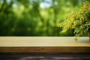 hiper realista imagen de un de madera mesa, verde y amarillo soleado antecedentes. generativo ai foto