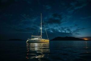 Luxury yacht sailing in warm waters on New Years Eve background with empty space for text photo