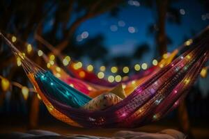 Hammock party under starlit sky on New Years Eve background with empty space for text photo