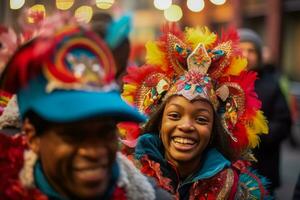 tradicionalmente vestido locales disfrutando animado calle carnaval en nuevo años víspera foto